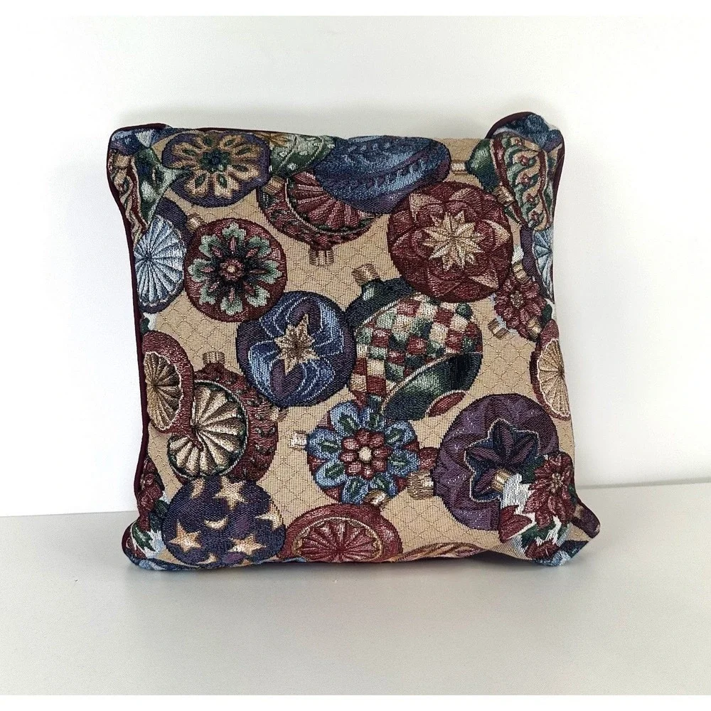 Christmas Tapestry Ornaments Square Throw Pillow Multicolored Maroon Red‎ 14x14